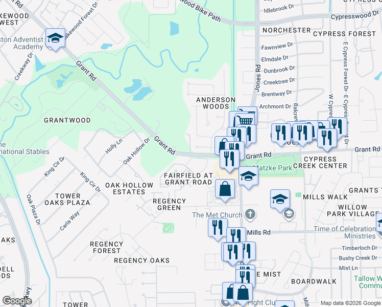 map of restaurants, bars, coffee shops, grocery stores, and more near 11116 Grant Road in Cypress