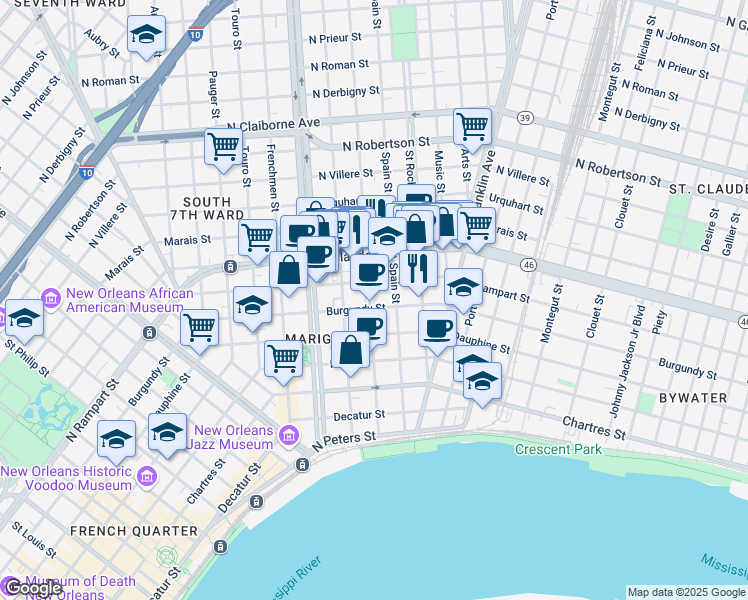 map of restaurants, bars, coffee shops, grocery stores, and more near 909 Mandeville Street in New Orleans