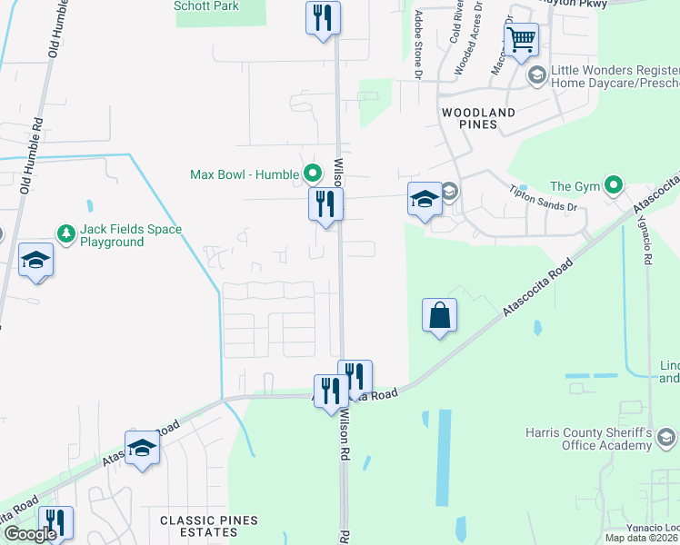 map of restaurants, bars, coffee shops, grocery stores, and more near 2680 Wilson Rd in Humble