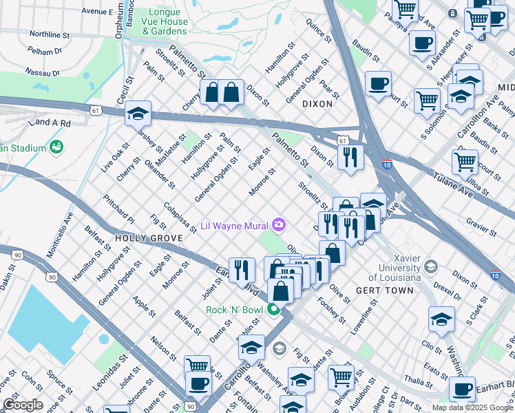 map of restaurants, bars, coffee shops, grocery stores, and more near 3411 Monroe Street in New Orleans