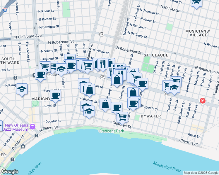 map of restaurants, bars, coffee shops, grocery stores, and more near 2939 North Rampart Street in New Orleans
