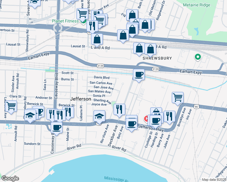 map of restaurants, bars, coffee shops, grocery stores, and more near 17 Santa Ana Avenue in Jefferson