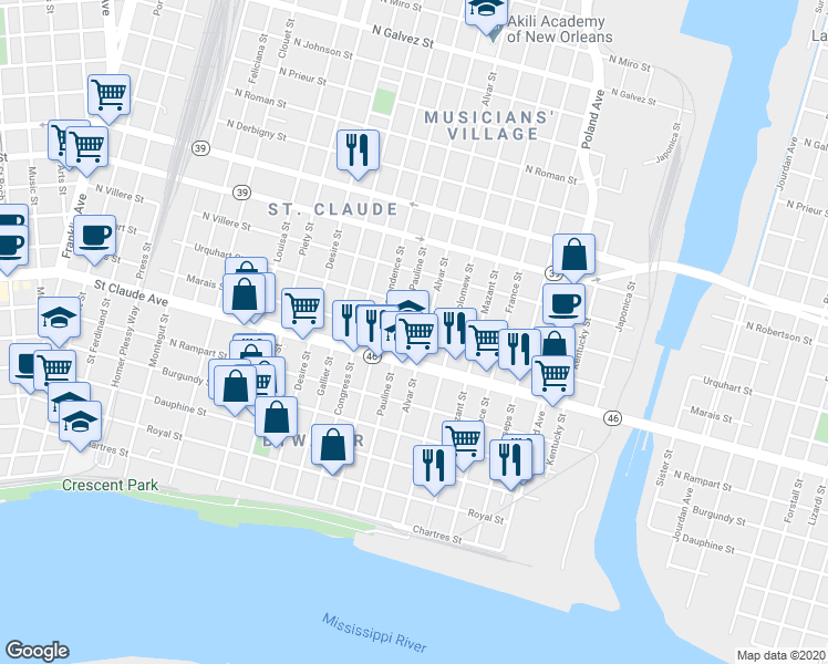 map of restaurants, bars, coffee shops, grocery stores, and more near 3819 Marais Street in New Orleans