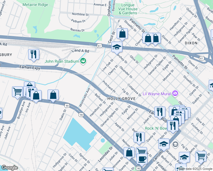 map of restaurants, bars, coffee shops, grocery stores, and more near 2832 Mistletoe Street in New Orleans