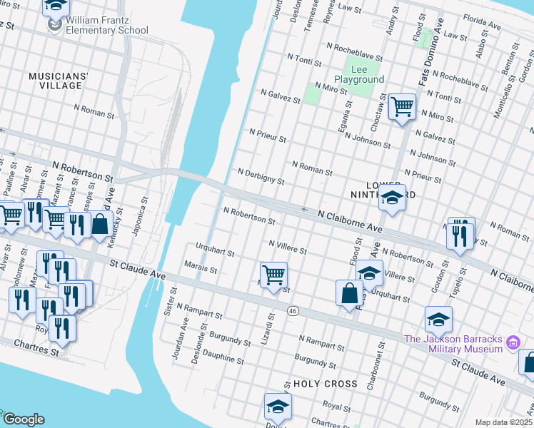 map of restaurants, bars, coffee shops, grocery stores, and more near 1508 Reynes Street in New Orleans