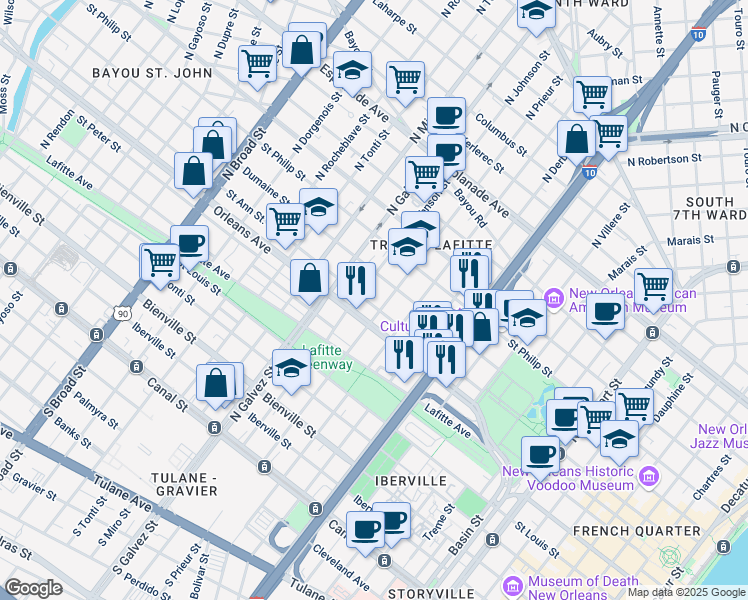 map of restaurants, bars, coffee shops, grocery stores, and more near 824 North Prieur Street in New Orleans