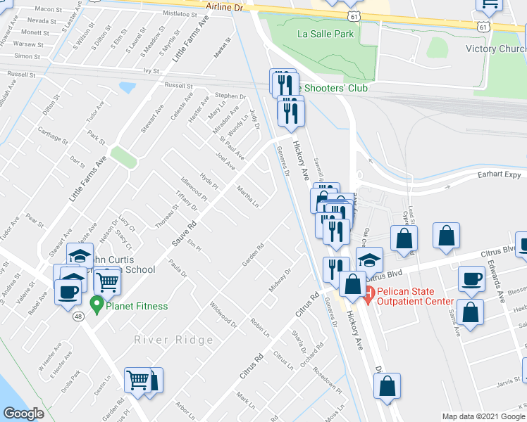map of restaurants, bars, coffee shops, grocery stores, and more near 304 Berclair Avenue in River Ridge