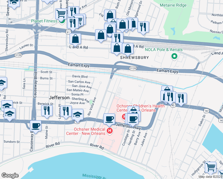 map of restaurants, bars, coffee shops, grocery stores, and more near 608 Betz Avenue in Jefferson