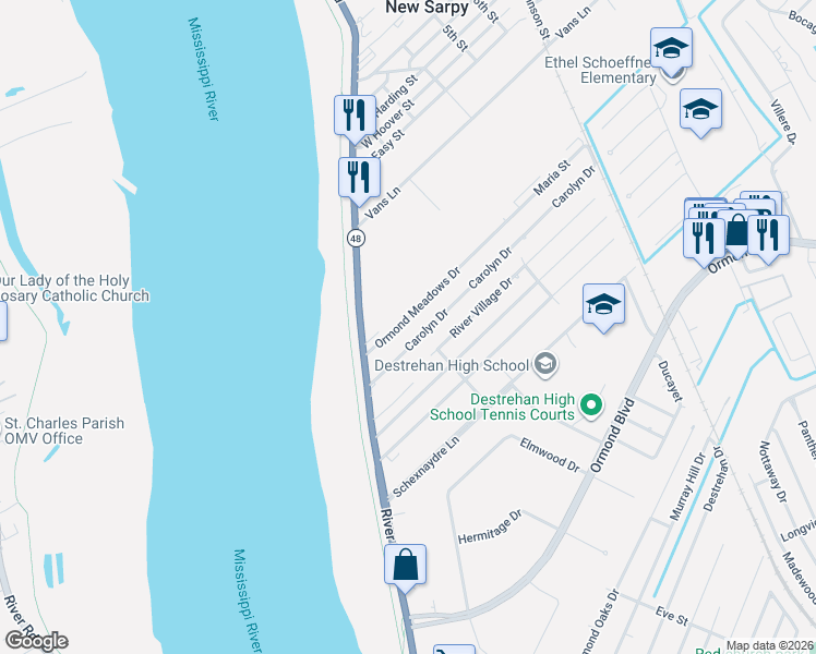 map of restaurants, bars, coffee shops, grocery stores, and more near 100 Ormond Meadows Drive in Destrehan