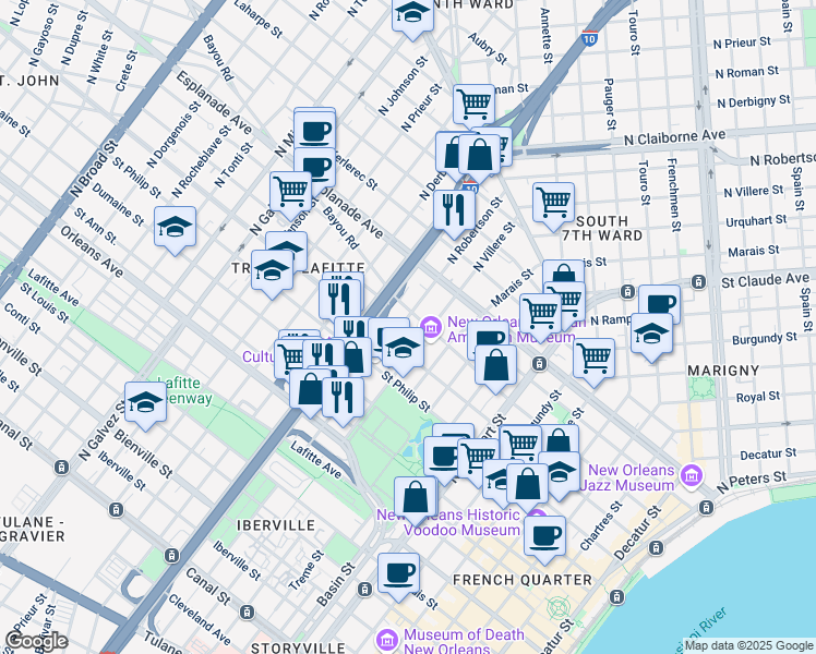 map of restaurants, bars, coffee shops, grocery stores, and more near 1134 North Robertson Street in New Orleans