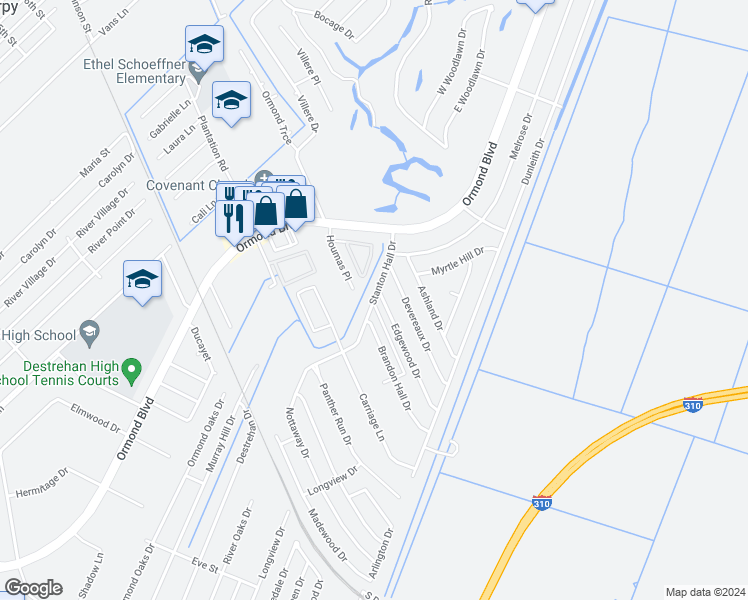 map of restaurants, bars, coffee shops, grocery stores, and more near 42 Stanton Hall Drive in Destrehan