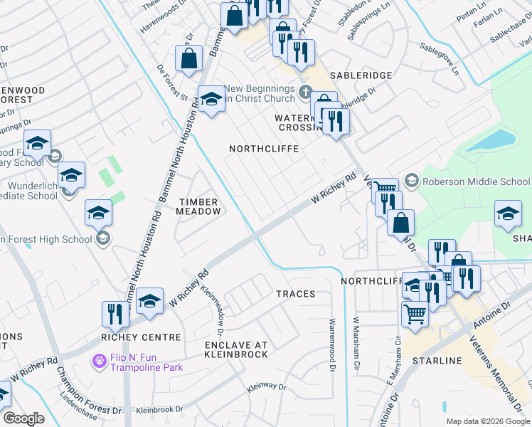 map of restaurants, bars, coffee shops, grocery stores, and more near 12715 Middlesbrough Lane in Houston