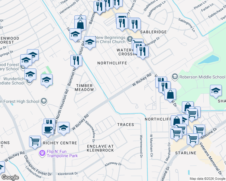 map of restaurants, bars, coffee shops, grocery stores, and more near 12715 Middlesbrough Lane in Houston