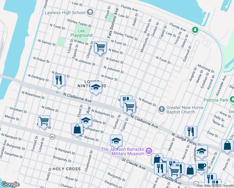 map of restaurants, bars, coffee shops, grocery stores, and more near 1722 Benton Street in New Orleans