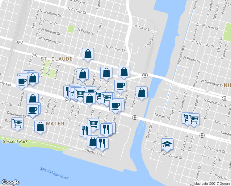 map of restaurants, bars, coffee shops, grocery stores, and more near 4313 Urquhart Street in New Orleans