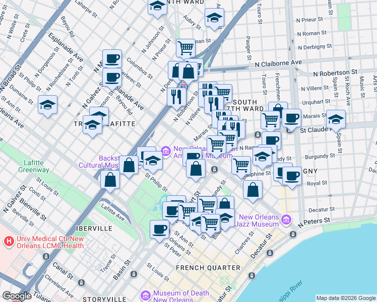 map of restaurants, bars, coffee shops, grocery stores, and more near in New Orleans