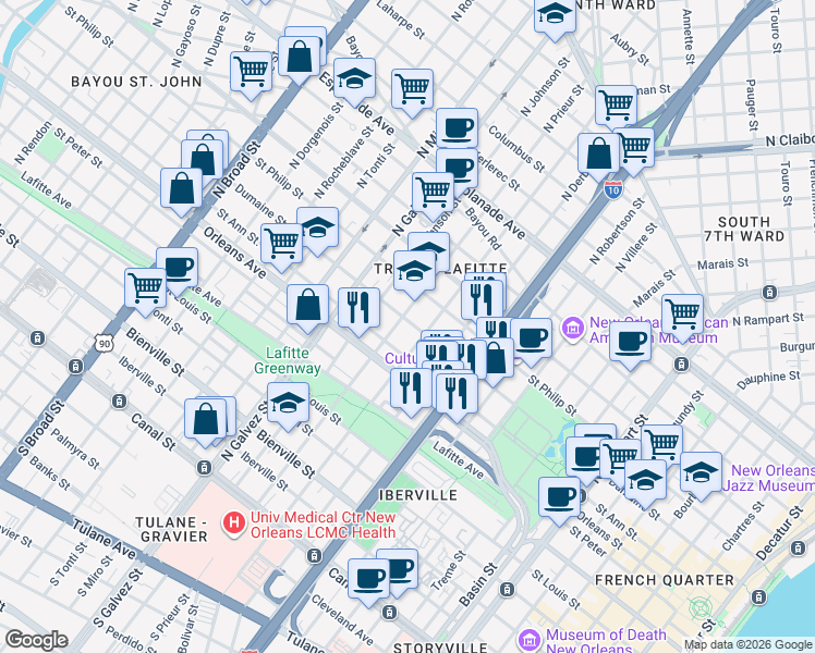 map of restaurants, bars, coffee shops, grocery stores, and more near 824 North Prieur Street in New Orleans