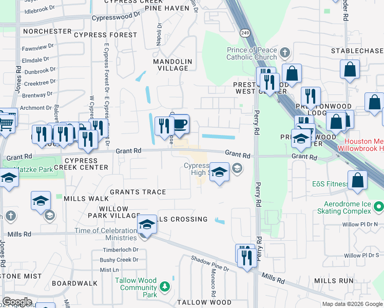 map of restaurants, bars, coffee shops, grocery stores, and more near 10202 Canyon Rose Lane in Houston