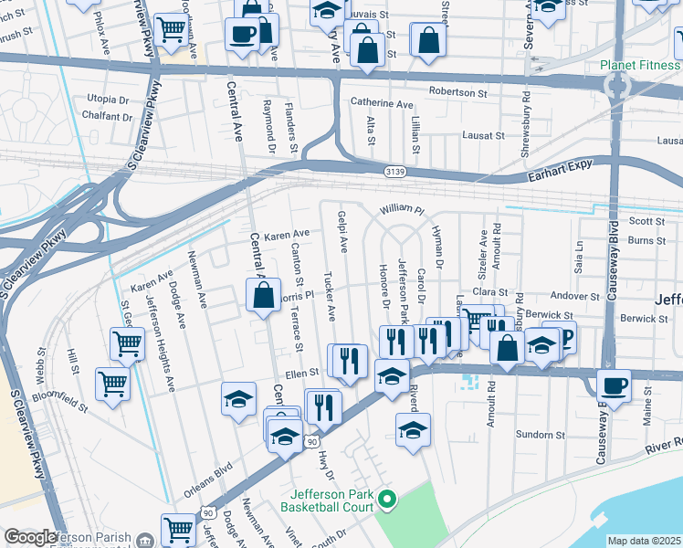 map of restaurants, bars, coffee shops, grocery stores, and more near 608 Gelpi Avenue in Jefferson