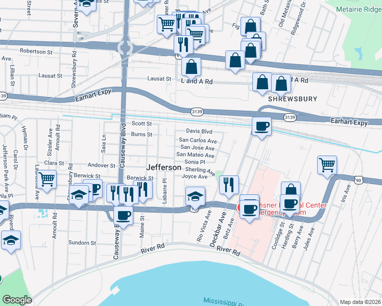 map of restaurants, bars, coffee shops, grocery stores, and more near 26 San Mateo Avenue in Jefferson