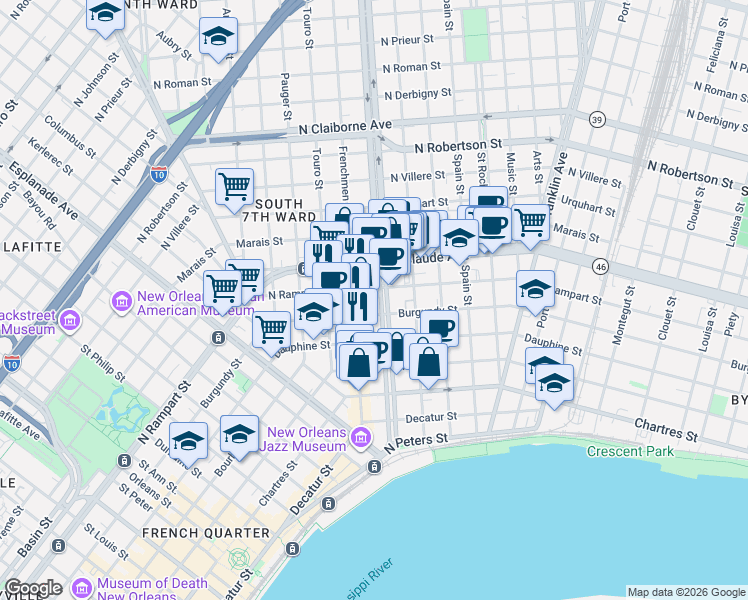 map of restaurants, bars, coffee shops, grocery stores, and more near 922 Elysian Fields Avenue in New Orleans