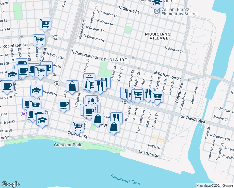 map of restaurants, bars, coffee shops, grocery stores, and more near in New Orleans