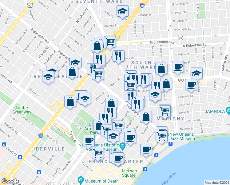 map of restaurants, bars, coffee shops, grocery stores, and more near 1201 Esplanade Avenue in New Orleans
