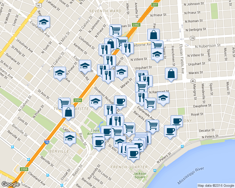 map of restaurants, bars, coffee shops, grocery stores, and more near in New Orleans