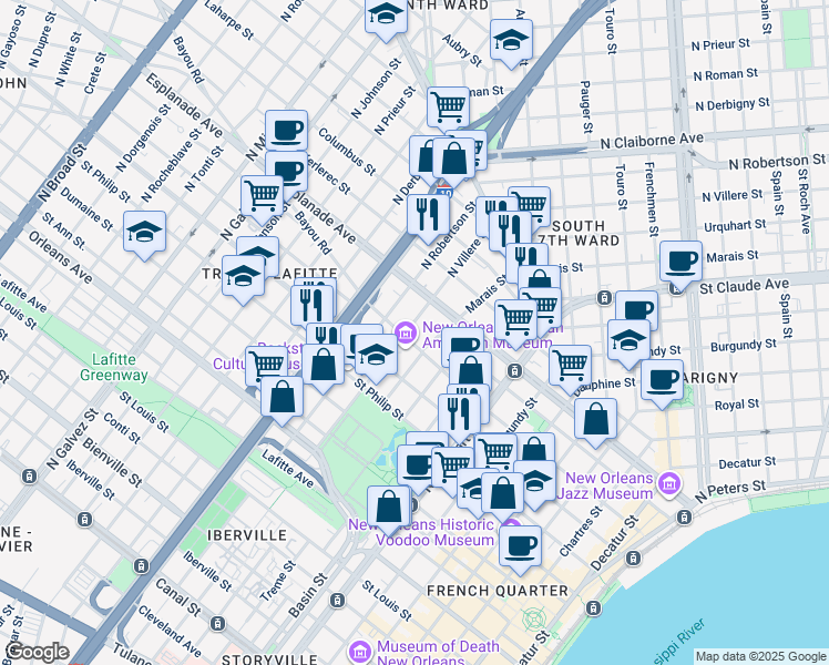 map of restaurants, bars, coffee shops, grocery stores, and more near in New Orleans