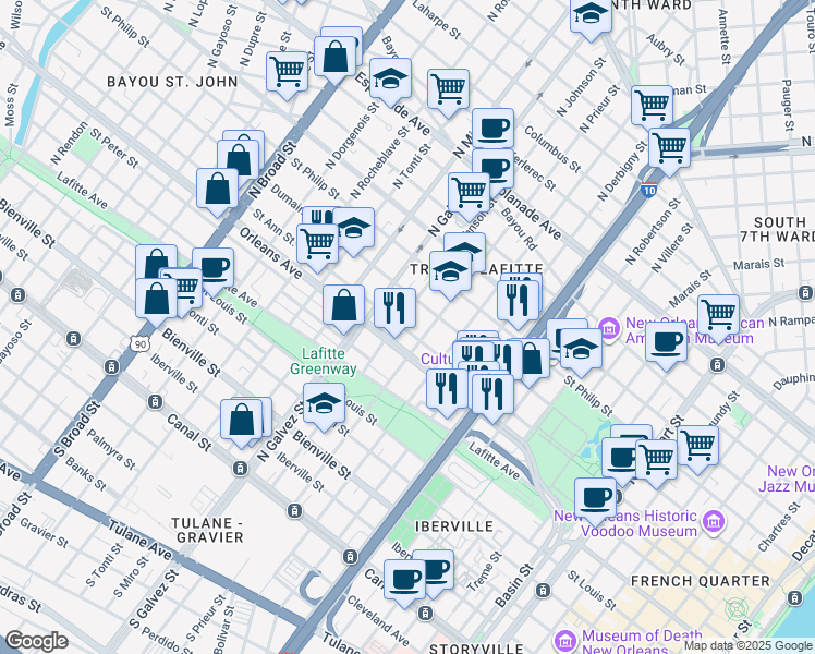 map of restaurants, bars, coffee shops, grocery stores, and more near 2036 Saint Ann Street in New Orleans