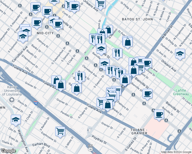 map of restaurants, bars, coffee shops, grocery stores, and more near 137 South Gayoso Street in New Orleans