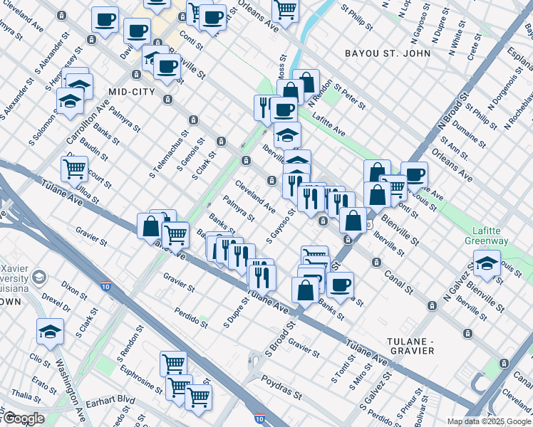 map of restaurants, bars, coffee shops, grocery stores, and more near 3109 Palmyra Street in New Orleans