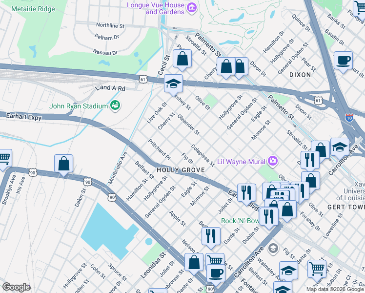 map of restaurants, bars, coffee shops, grocery stores, and more near 9008 Colapissa Street in New Orleans