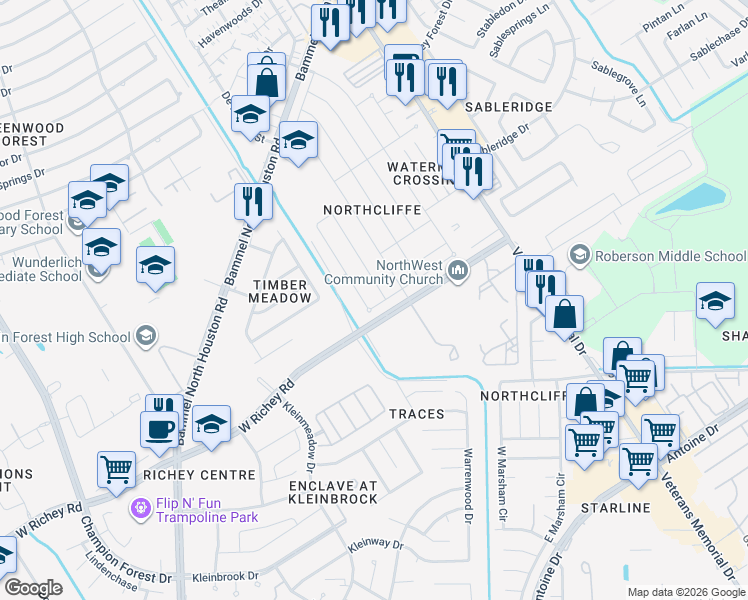 map of restaurants, bars, coffee shops, grocery stores, and more near 12715 Middlesbrough Lane in Houston