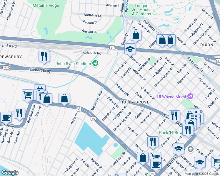 map of restaurants, bars, coffee shops, grocery stores, and more near 2800 Cherry Street in New Orleans
