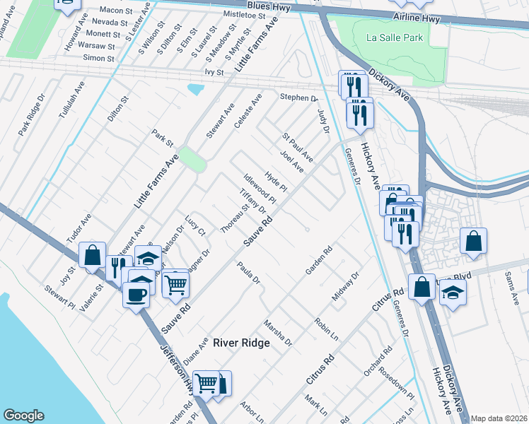map of restaurants, bars, coffee shops, grocery stores, and more near 10004 Tiffany Drive in River Ridge