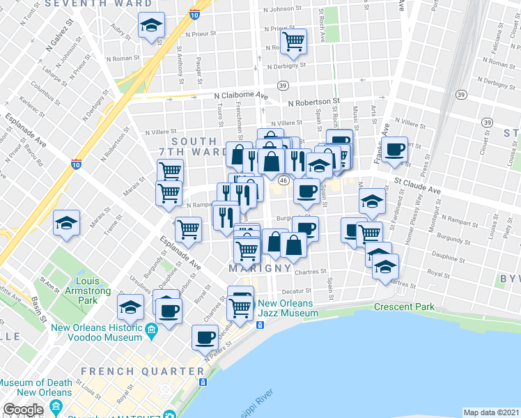 map of restaurants, bars, coffee shops, grocery stores, and more near 922 Elysian Fields Avenue in New Orleans