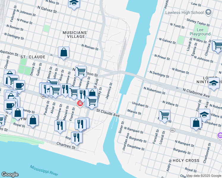 map of restaurants, bars, coffee shops, grocery stores, and more near 1333 Japonica Street in New Orleans