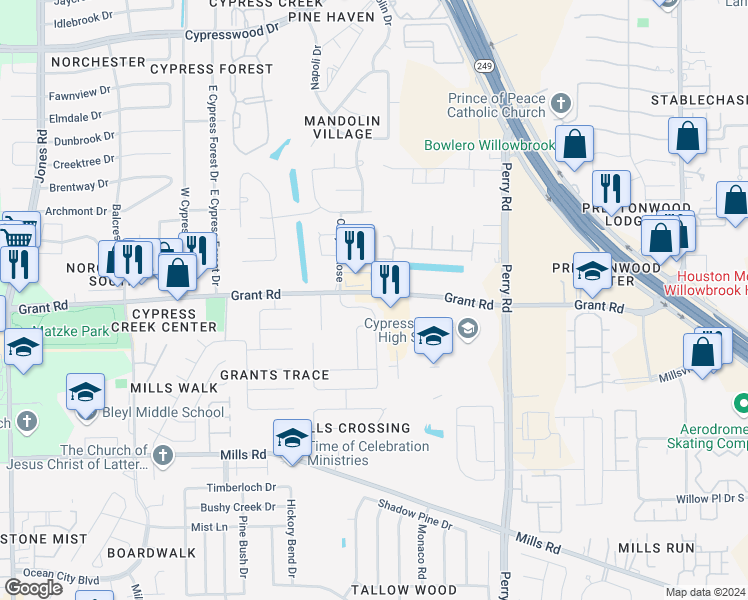 map of restaurants, bars, coffee shops, grocery stores, and more near 10202 Canyon Rose Lane in Houston