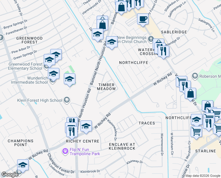 map of restaurants, bars, coffee shops, grocery stores, and more near 12522 Aarons Way in Houston