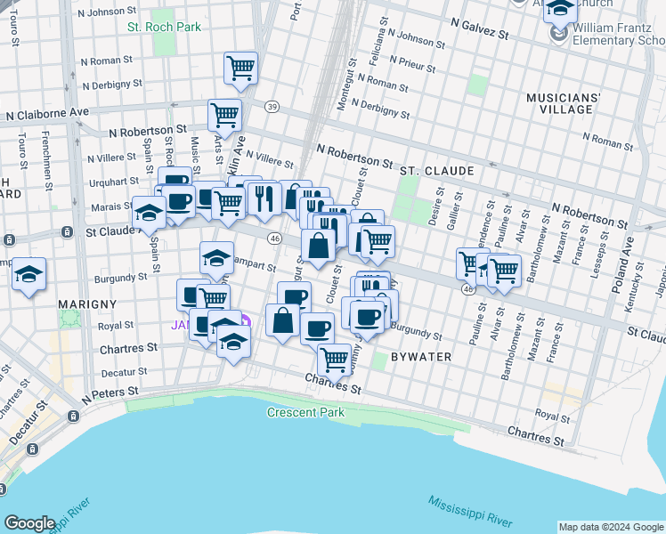 map of restaurants, bars, coffee shops, grocery stores, and more near 1030 Clouet Street in New Orleans