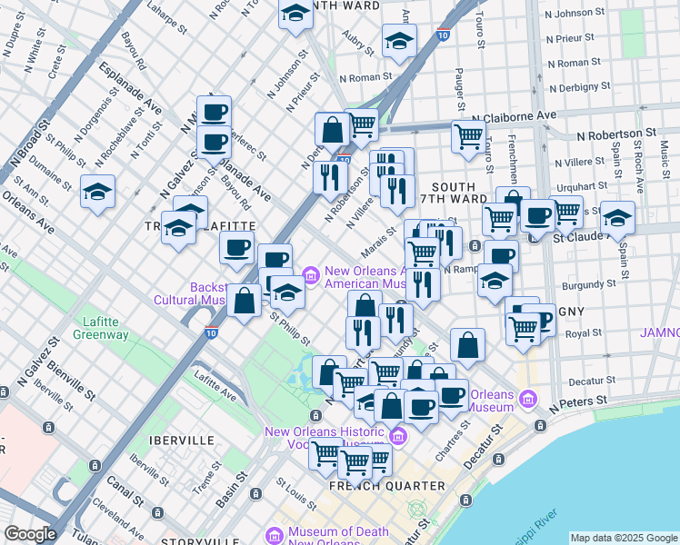 map of restaurants, bars, coffee shops, grocery stores, and more near 1233 Marais Street in New Orleans