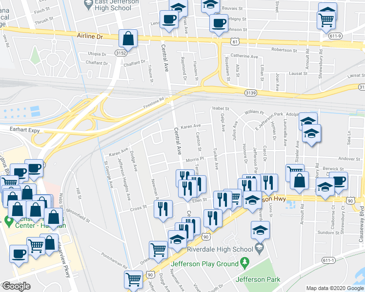 map of restaurants, bars, coffee shops, grocery stores, and more near 725 Central Avenue in Jefferson
