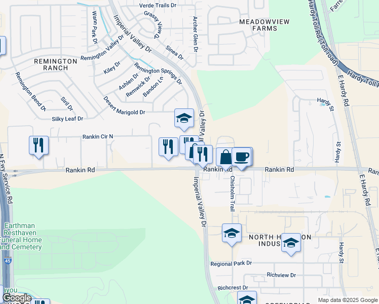 map of restaurants, bars, coffee shops, grocery stores, and more near 18543 Imperial Valley Drive in Houston