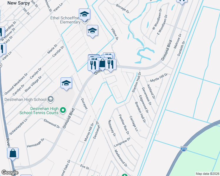 map of restaurants, bars, coffee shops, grocery stores, and more near 22 Plantation Road in Destrehan