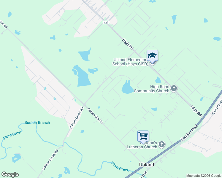 map of restaurants, bars, coffee shops, grocery stores, and more near 33 North Plum Creek Road in Uhland