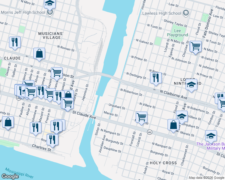 map of restaurants, bars, coffee shops, grocery stores, and more near 46595 Jourdan Avenue in New Orleans