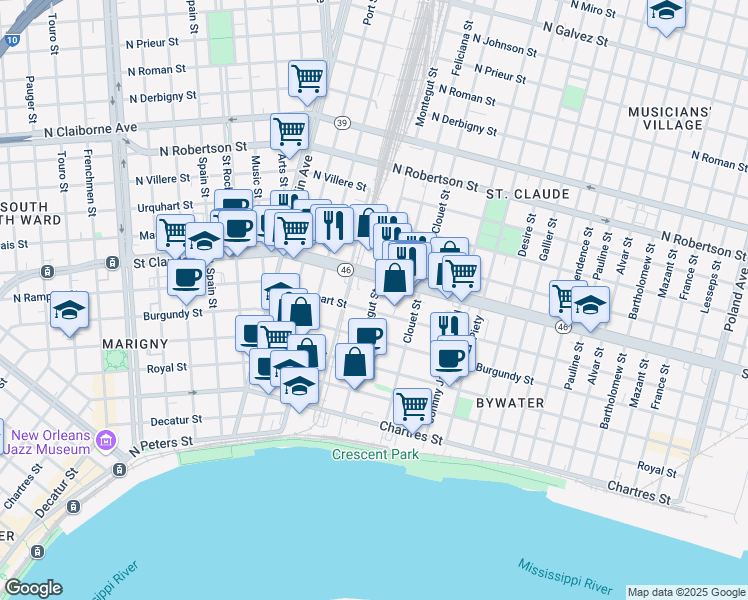 map of restaurants, bars, coffee shops, grocery stores, and more near 2939 North Rampart Street in New Orleans