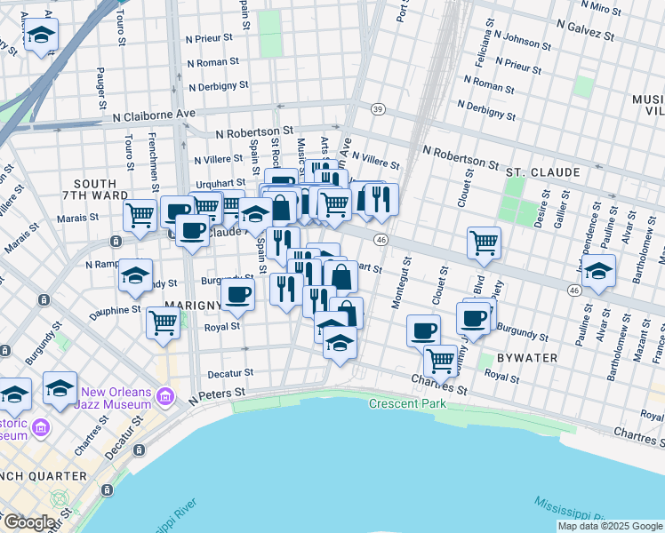 map of restaurants, bars, coffee shops, grocery stores, and more near in New Orleans