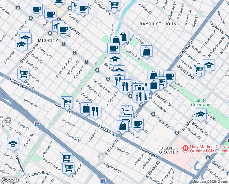 map of restaurants, bars, coffee shops, grocery stores, and more near 137 South Gayoso Street in New Orleans